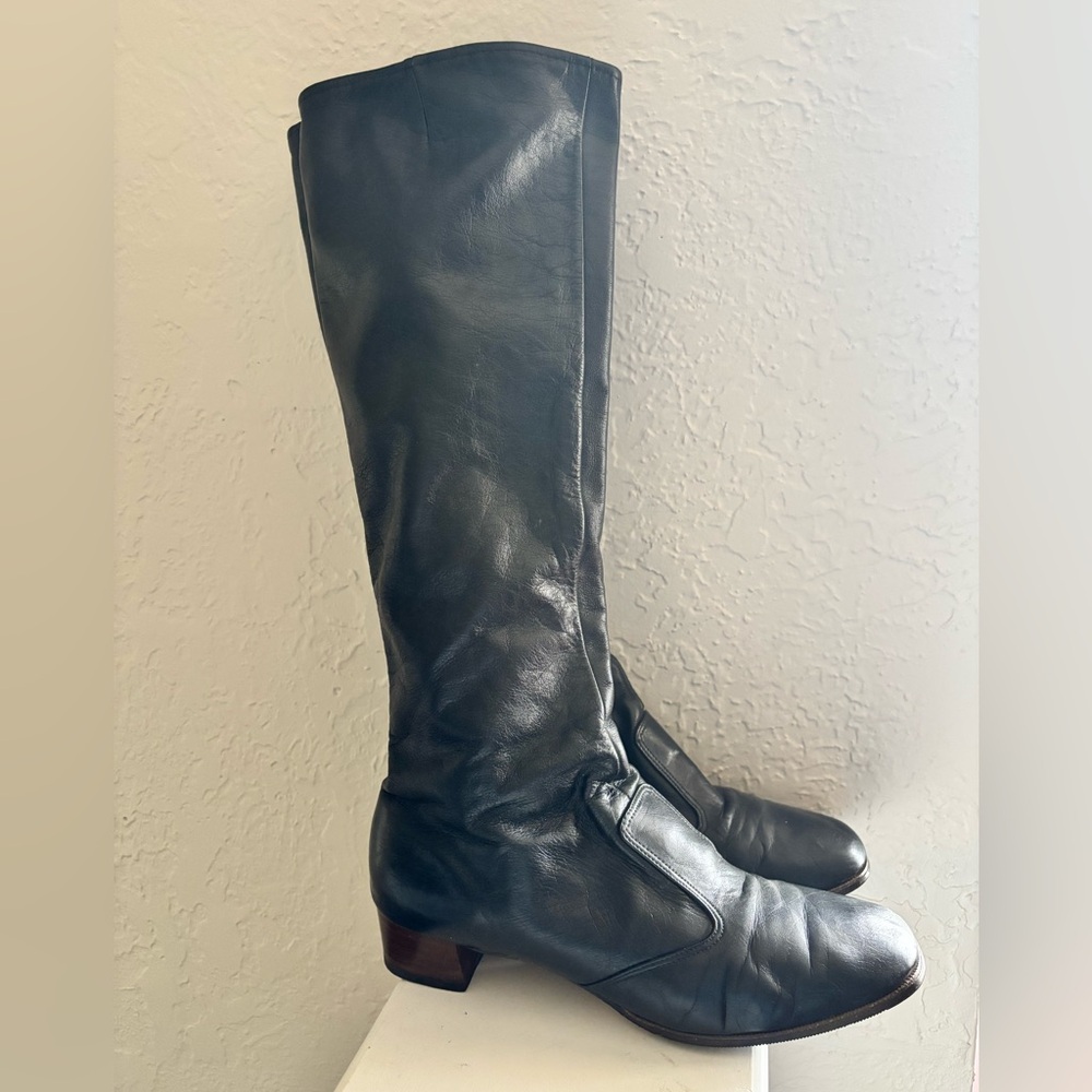 Cobbies Tall Black 70s 80s Leather Zip Up Boots VTG Size 9.5 Wood Heel